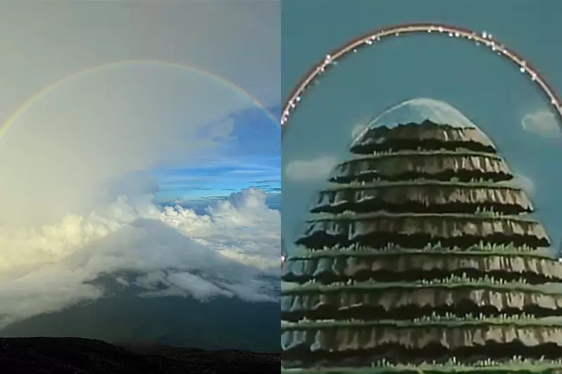 It's like a reenactment of the animated scene from 'Legend of the Demons and Heroes'! The beautiful rainbow scenery of Mount Fuji reminds people of the 