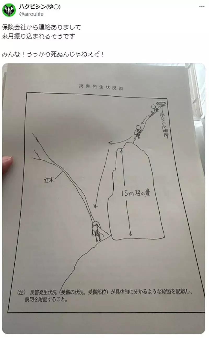 A Japanese hunter accidentally fell off a 15 meter cliff on his way up the mountain, but he didn't expect to survive the disaster! After seeing the shared insurance claim form, netizens were stunned